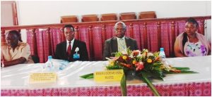 UN Director, Ahowanou Agbessi and SG of Minjustice, George Gwanmesia flanked by officials