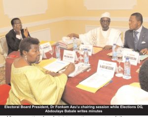 Electoral Board President, Dr Fonkam Azu’u chairing session while Elections DG, Abdoulaye Babale writes minutes