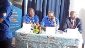 Administrator Director General Maxwell Ndecham (m) and close collaborators during press conference at Akwa Palace