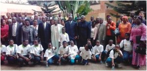 Little Angels’ kids pose with Minister Hele Pierre, MinDel Nana Aboubakar, SG Akwa Patrick