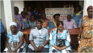 Back row-Honourable Etombi Gladys Ikome (middle) poses with Commissioner Josue Mengue Obam (left) and sympathizers 