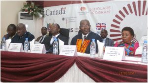 Horace Ngomo Manga, Secretary General at the Ministry of Higher Education flanked by Prof. Francois Xavier Etoa, Rector University of Douala(L), Prof. Nalova Lyonga, VC University of Buea (L) and Zang III, SDO Fako (R)