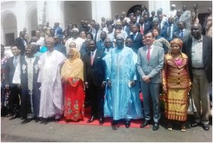 Minister Mouelle Kombi flanked by other Ministers, French Ambassador, H.E Gilles Thibault