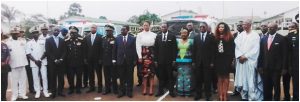 Ministers Beti Assomo, Mama Fouda, Minette Libom, Ambassador Zanele Makina, Secs of State, CEO MTN Cameroon, other officials pose in front of ambulances 