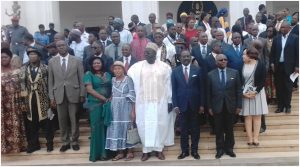 Participants pose with Minister Mouelle Kombi, UNESCO country representative