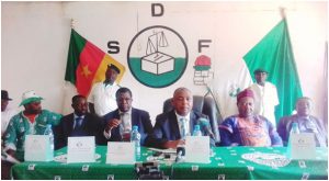 SDF SG, Jean Tsomelou flanked by the party’s Parliamentarians at the press conference 