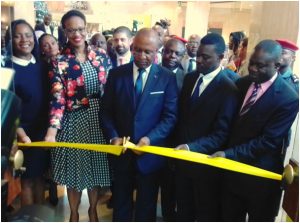 Governor Naseri Paul Bea accompanied by MTN Cameroon CEO, Philisiwe Sibiya, cuts the symbolic ribbon