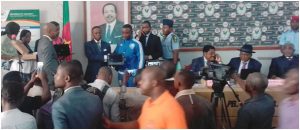 Higher Education Minister, Fame Ndongo handing President Biya’s laptops to Yde II students 