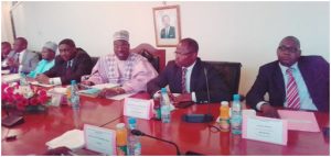 Minister Issa Tchiroma flanked by Mincom Interim SG and Director of Private Press