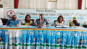 Limbe Govt Delegate, Motanga Andrew addressing the press at Monday’s press briefing to officially launch Limbe FESTAC 2018 activities
