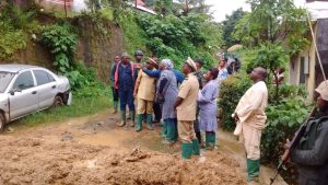 Administrative and municipal officials assess the damage