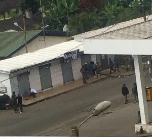 Some shops at clerks’ quarters’ being sealed by the Buea council accompanied by heavily armed security forces