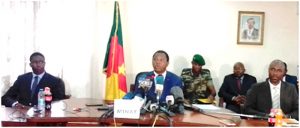 Minister Atanga Nji Paul flanked by close collaborators at the press declaration