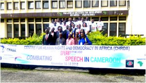 Trainers and facilitators in group photo during workshop to combat hate speech in Cameroon