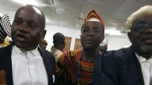 Ambazonia leader, Sisiku Ayuk Tabe Julius (middle) at the Yaounde military tribunal Thursday