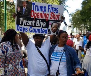 Anglophone activists including Gilbert Nkenganyi Azenganyi protesting in New York against the Biya regime