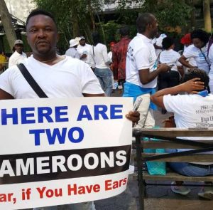 Gilbert Nkenganyi Azenganyi brandishing pro-secession placard during mass demonstration in New York