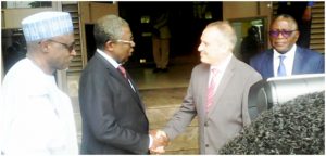 Ambassador Ran Gidor in handshake with Commission President, Peter Mafany Musonge 