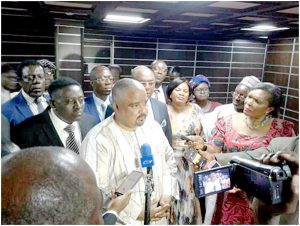 SDF First National Vice Chairman, Hon Joshua Osih, addressing the press after pre-dialogue consultative talks 