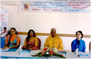 Elections DG, Erik Essousse flanked by UN Women,  MINPROFF and NCC officials