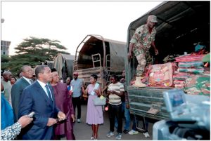 Cross-section of trucks loaded with gifts donated by the Presidential couple to IDPs of the Anglophone crisis 