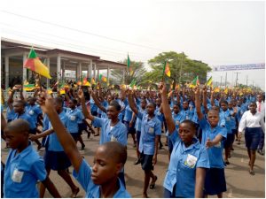 GBHS Limbe students marching pass at  Managa William avenue demonstrating patriotism. 