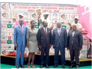 Minister of Sports and Physical Education Prof. Mouelle Kombi  with South West Governor Bernard Okalia Bilai and others 